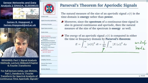Thumbnail for entry Topic 37: Fourier Transform Properties: Parseval's Theorem for non-periodic Signals (Chapter 6)