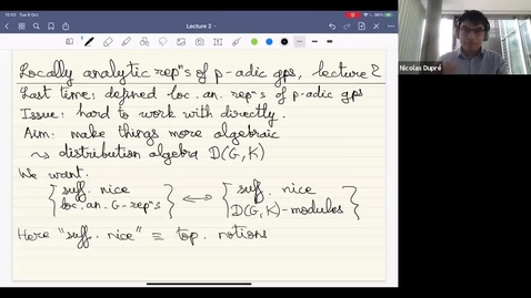 Thumbnail for Locally analytic representations of p-adic groups talk 2 - Nicolas Dupre