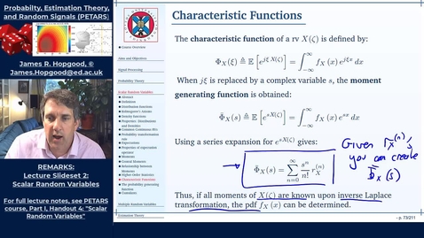 Thumbnail for entry Topic 25: Characteristic, Moment, Probability, and Cumulant Generating Functions (PETARS, Chapter 4)