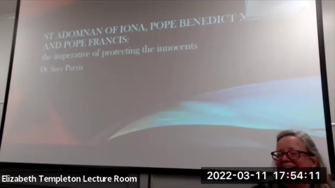 Thumbnail for Sara Parvis - St Adomnan of Iona, Pope Benedict XV and Pope Francis: the Christian imperative of protecting the innocents