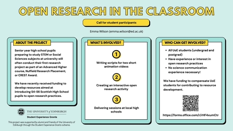 Thumbnail for Open Research in the Classroom: A call for  participants -  Emma Wilson