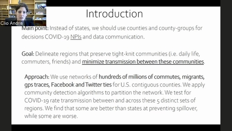 Thumbnail for Clio Andris — Human Network Regions as Spatial Units for COVID-19 Policy Implementation