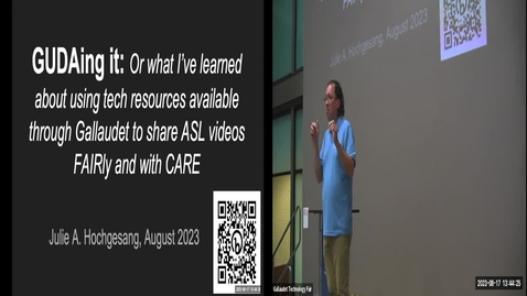 Thumbnail for entry 2023 Tech Fair - GUDAing it: Or what I’ve learned about using tech resources available through Gallaudet to share ASL videos FAIRly and with CARE