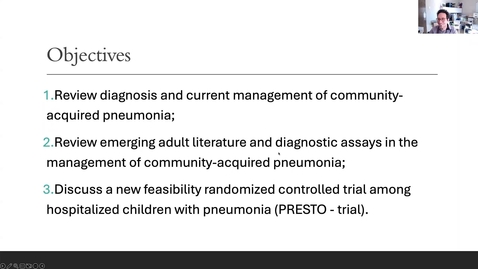 Thumbnail for Optimizing care for children hospitalized with community-acquired pneumonia | Drs. Shamini Selvakumar &amp; Jeffrey Pernica | November 14, 2023