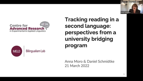 Thumbnail for entry ARiEAL Speaker Series: Tracking reading in a second language: perspectives from a university bridging program (by Drs. Anna Moro &amp; Daniel Schmidtke, March 21, 2022)