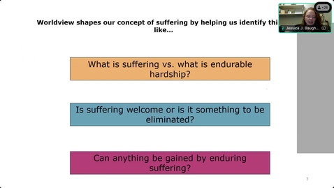 Thumbnail for 2/3/2025 Topics in Medicine and Surgery - Suffering: A Construct of Worldview - Presented by Jessica Baughman, PA-C from Hospice and Palliative Medicine 