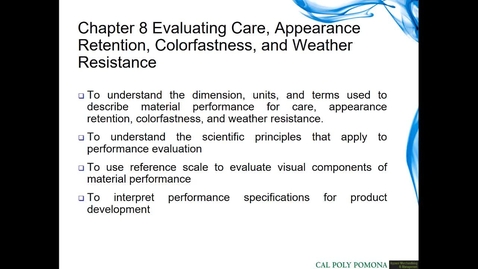 Thumbnail for entry AMM 3600 Chapter 8 Evaluating Colorfastness, Care, Appearance Retention, Weather