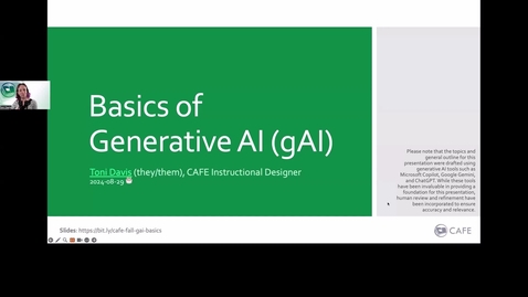 Thumbnail for Fall Generative AI Workshop Series: Basics of Generative AI (gAI), Toni Davis - Aug 29