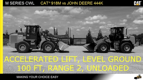 Thumbnail for entry Cat 918M vs Deere 444K: Accelerated Loader Lift, Level Ground, 100 ft, Unloaded