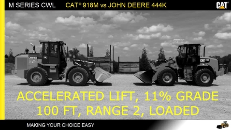Thumbnail for entry Cat 918M vs Deere 444K:Accelerated Loader Lift, 11% Grade, 100 ft, Loaded