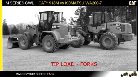 Thumbnail for entry Cat 918M vs Komatsu WA200-7: Full Turn Tip Load - Forks