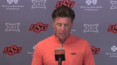 Cowboy Football Head Coach Mike Gundy speaks to the media as the team prepares to play Iowa State in Ames this Saturday...