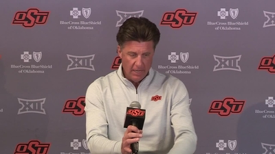 Cowboy Head Football Coach Mike Gundy speaks to the media as the team prepares to play Kansas this Saturday at Boone Pickens Stadium...