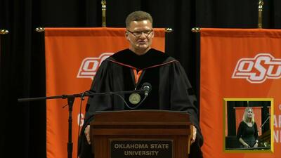 Oklahoma State University alumnus Denny Kellington returned to his alma mater to speak at OSU’s spring 2023 commencement ceremonies inside Gallagher-Iba Arena.
