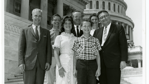 Thumbnail for entry Representatives Peter H. Dominick and J. Edgar Chenoweth on the steps of the United States Capitol with the Stjernholm family from Colorado, 1961