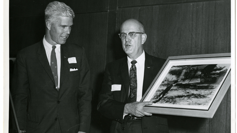 Thumbnail for entry Senator Peter H. Dominick receives a painting from Denver Pilots Club President Bill Madsen after his speech to the membership in November 1966, 1966 November 25