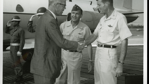 Thumbnail for entry Colonel Samuel E. Crosby Jr. and Brigadier General Chester J. Butcher of the United States Air Force greet Senator Peter H. Dominick on the tarmac at Nakhon Phanom Royal Thai Air Force Base in 1970, 1970 January 15