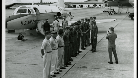 Thumbnail for entry Senator Peter H. Dominick greets United States Air Force airmen from the 355th Tactical Fighter Wing on the tarmac at Takhli Royal Thai Air Force Base in Thailand, 1967, 1967 May 26