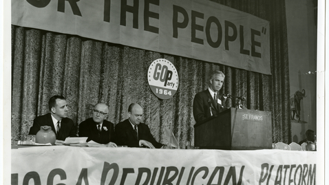 Thumbnail for entry Senator Peter H. Dominick stands at a lectern during a meeting of the Platform Committee of the Republican National Convention in San Francisco, California, 1964