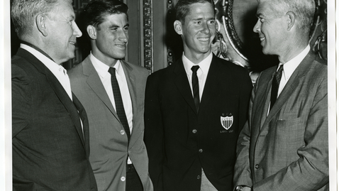 Thumbnail for entry Senators George L. Murphy and Peter H. Dominick talk to Davis Cup teammates R. Dennis Ralston and Charlie M. Pasarell in the Senate Reception Room of the United States Capitol, Washington, D.C., 1966