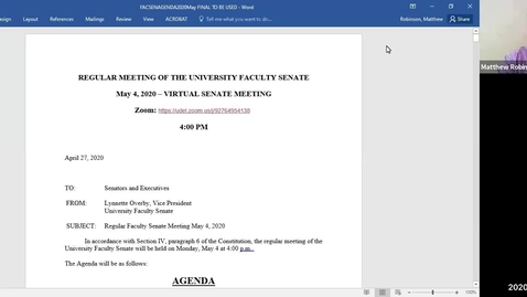 Thumbnail for entry Faculty Senate Meetings - May 4, 2020