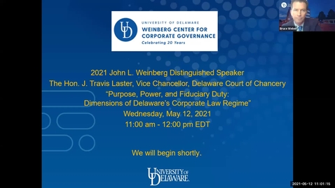 Thumbnail for The Honorable J. Travis Laster, Vice Chancellor of the Delaware Court of Chancery, 2021 John L. Weinberg Distinguished Speaker  - 5/12/2021