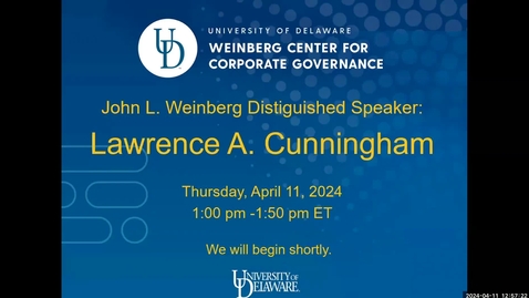 Thumbnail for 2024 John L Weinberg Distinguished Speaker - Lawrence A. Cunningham (April 11, 2024)