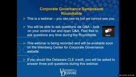 Thumbnail for Weinberg Center Corporate Governance Roundtable 3/23/2021