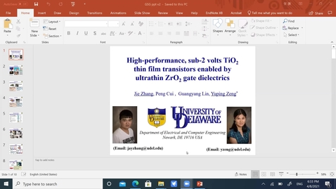 Thumbnail for entry High-performance, sub-2 volts TiO2 thin film transistors enabled by ultrathin ZrO2 gate dielectrics, Jie Zhang