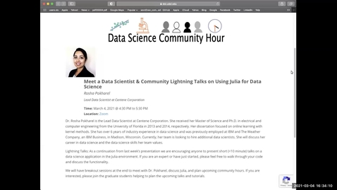 Thumbnail for Data Science Community Hour (March 4th, 2021): Meet a Data Scientist (Dr. Rosha Pokharel) &amp; Julia Lightning Talks