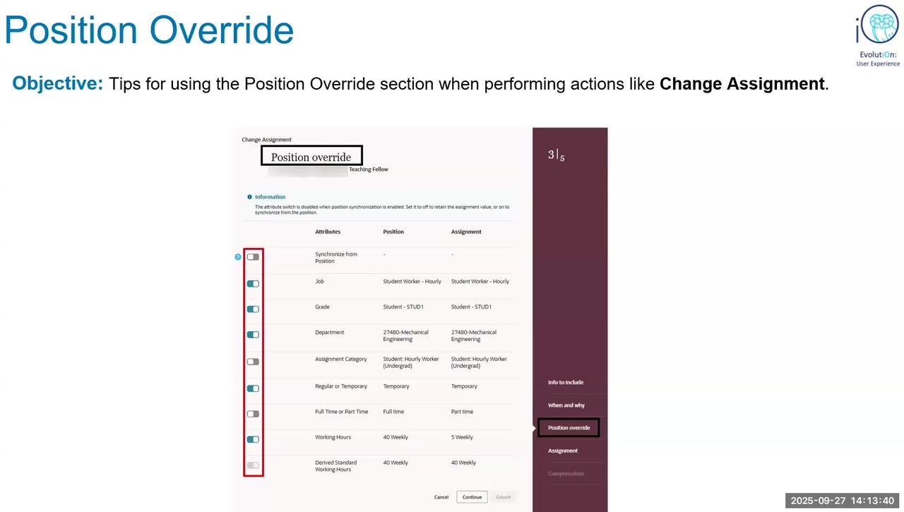 Position Override page Video