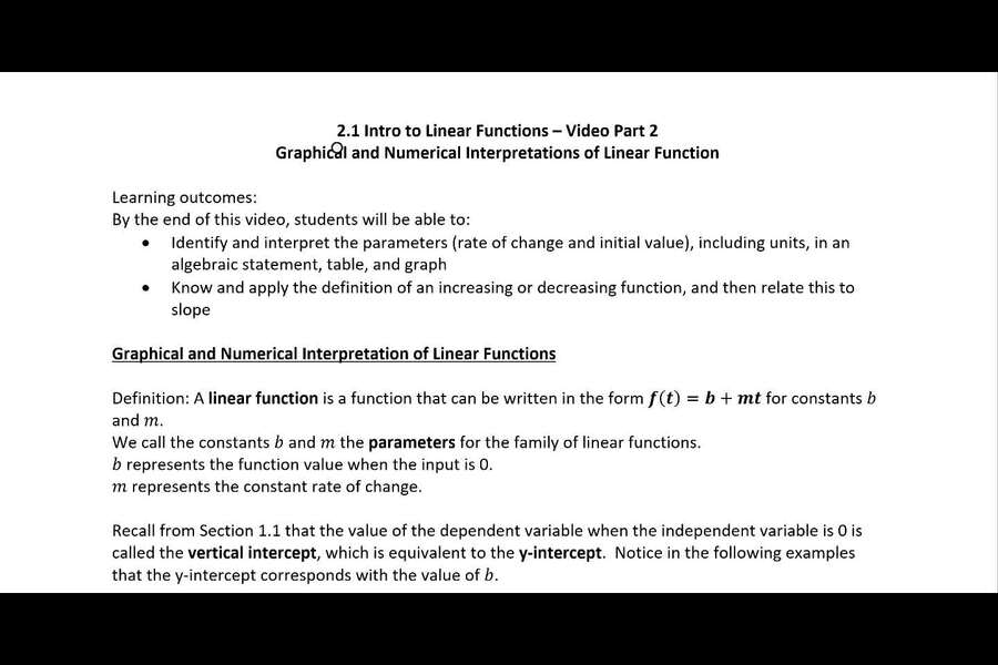 2.1 Part 2 Video - Graph and Numerical Interpretations of Linear Functions