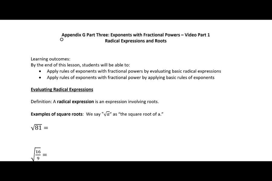 Appendix G Rational Exponents Part 1 Video - Evaluating Radical Expressions