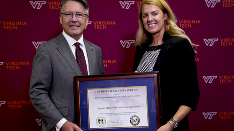Thumbnail for President Tim Sands remarks on Virginia Tech receiving award for Excellence in Counterintelligence