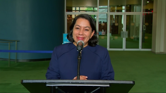 Carolyn Rodrigues-Birkett (Candidate for UN Secretary-General) on the side of the interactive dialogues for the position of the next Secretary-General of the United Nations- Media Stakeout