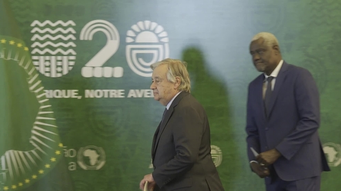 Antonio Guterres (UN Secretary-General) Press Stakeout with the Chairperson of the African Union Commission, Moussa Faki Mahamat, following the  6th AU-UN Annual Conference