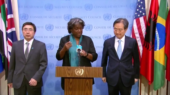 Linda Thomas-Greenfield (USA) joint statement with Japan and the Republic of Korea on a resolution on the Democratic People's Republic of Korea- Security Council Media Stakeout