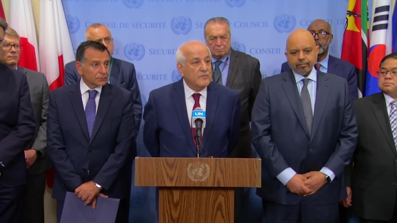 Mahmoud Daifallah Hmoud (Jordan) &amp; Riyad Mansour (Palestine) on behalf of Jordan, Kuwait, Slovenia and Palestine, on shared commitments on UNRWA - Security Council Media Stakeout.