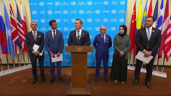 Jamal Fares Alrowaiei (Bahrain) and Mike Waltz (USA) on a draft resolution on the Strait of Hormuz - Security Council Media Stakeout