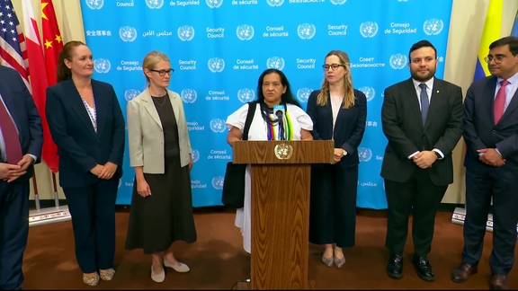 Leonor Zalabate (Colombia) on behalf of the Climate, Peace and Security Joint Pledges signatories in the Security Council (Colombia, Denmark, France, Greece, Latvia, Liberia, Panama, UK) on Central Africa – Security Council Media Stakeout