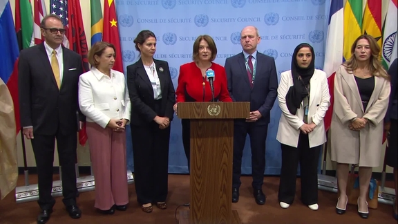 Mona Juul (Norway) along with the elected and incoming members of the Security Council on the education of women and girls in Afghanistan - Security Council Media Stakeout