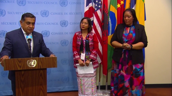 Tariq Ahmad of Wimbledon (United Kingdom), Naw Hser Hser (Civil Society Representative)  Nadine (Survivor Champion), on Conflict-Related Sexual Violence-Security Council Media Stakeout