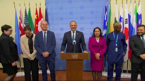 Georgios Gerapetritis (Greece/ Security Council President) &amp; others on Climate, Peace &amp; Security on Protection of Civilians- Joint Security Council Media Stakeout