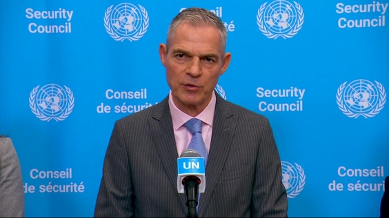 Jérôme Bonnafont (France/Security Council President) & Signatories of the Climate, Peace and Security Joint Pledges on Climate and Security - Security Council Media Stakeout
