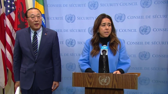 Zhang Jun (China) and Lana Zaki Nusseibeh (UAE) on the humanitarian situation in Gaza- Security Council Media Stakeout