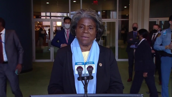 Linda Thomas-Greenfield (USA) following the vote on a draft resolution on Ukraine