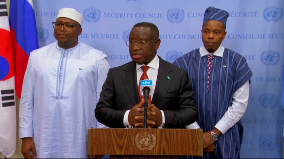 Julius Maada Bio (Sierra Leone) on the situation in the Middle East, including the Palestinian question - Security Council Media Stakeout