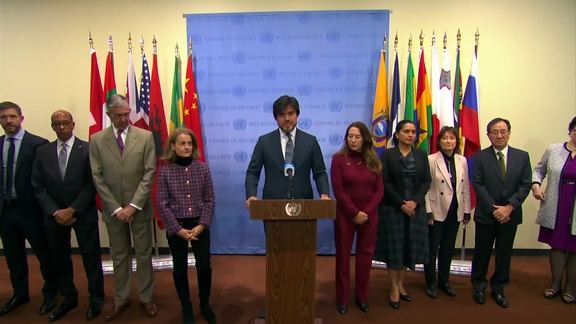 José De La Gasca (Ecuador, SC President) on behalf of WPS shared commitments signatories - Security Council Media Stakeout