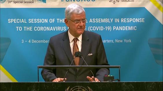 Volkan Bozkir (General Assembly President) on the second day of the Special Session of the General Assembly in response to the Coronavirus disease (COVID-19) Pandemic (3-4 December 2020)