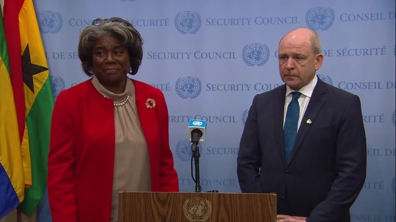 Linda Thomas-Greenfield (USA) and Fergal Mythen (Ireland) on Security Council's Adoption of a Resolution Establishing a Humanitarian Carve-out to UN Sanctions Regimes- Security Council Media Stakeout